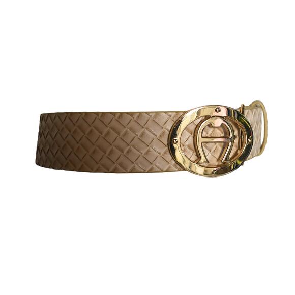 Vintage 80s Etienne Aigner Leather Faux Snakeskin Horseshoe Insignia Buckle Belt - Picture 5 of 7